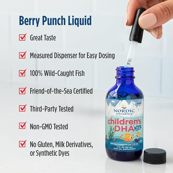 Nordic Naturals Children’s DHA Xtra Berry Punch - 2 oz for Kids - 880 mg Total Omega-3s with EPA &amp DHA - Cognitive &amp Immune Function Learning Social Development - Non-GMO - 48 Servings