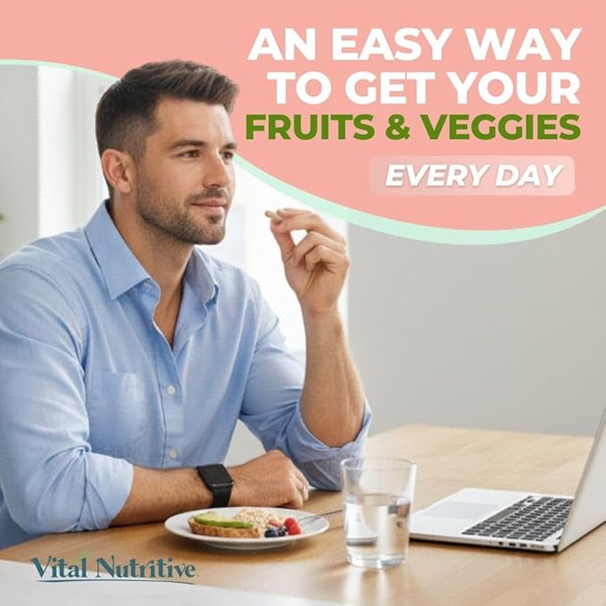 Vital Super Fruits &amp Veggies - Daily Superfood Capsules for Adults - Fruit and Veggies Supplement to Boost Immunity &amp Energy - 2-in-1 Formula for Overall Wellness - Fruit and Vegetable Capsule