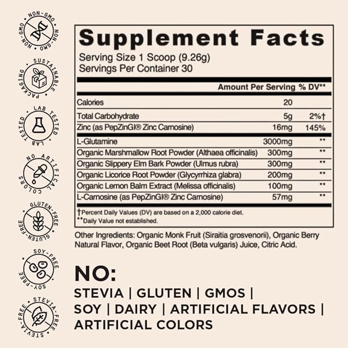 Daily Gut Health Powder 6-in-1 All Natural Supplement Slippery Elm L Glutamine Lemon Balm with PepZinGI - Bloat &amp Gas Relief GI Lining Repair IBS Support - Mixed Berry 30 Servings