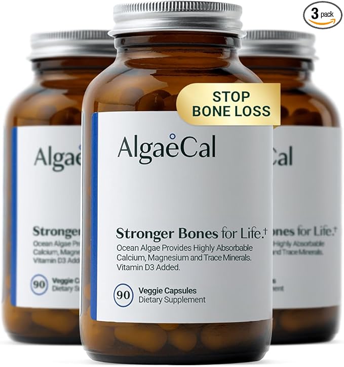 ALGAECAL - Plant Based Calcium Supplement with Vitamin D3 (1000 IU) for Bone Strength Contains 13 Minerals Supporting Bone Health Organic Calcium (750 mg) for Women &amp Men 90 Caps 3 Month Suppl