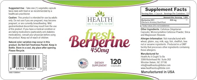 Health As It Ought To Be Fresh Berberine Supplement 450mg | Contains Only Berberine | No Preservatives | 120 Capsules