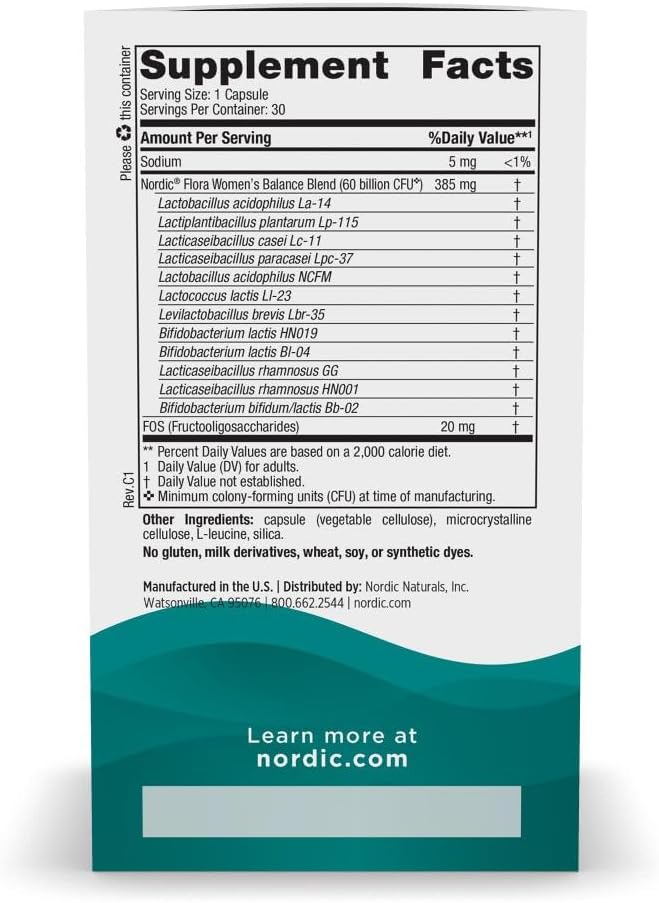 Nordic Naturals Nordic Flora Probiotic Women's Balance - 30 Capsules - 12 Probiotic Strains with 60 Billion Cultures - Intestinal Support Vaginal Health - Vegan - 30 Servings