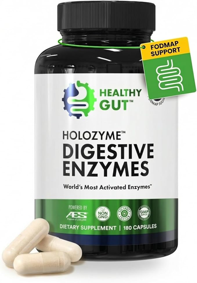 Healthy Gut HoloZyme Max Strength Digestive Enzymes | FODMAP-Friendly Formula Prevents Bloating Gas &amp Indigestion w/Protease Amylase Lipase Lactase and More | 90 Servings