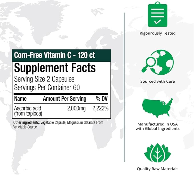 NutraMedix Corn-Free Vitamin C Capsules - Antioxidant &amp Seasonal Immune Support - Vitamin C Supplement with Ascorbic Acid Sourced from Tapioca - 1000 mg (120 Vegetable Capsules)