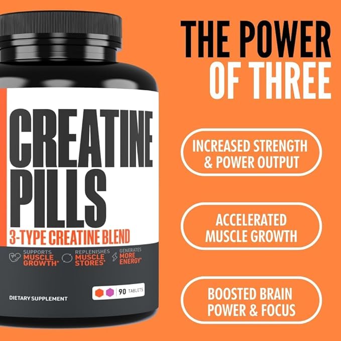 Crazy Muscle ThreeAtine Creatine Monohydrate Pills 5g Pure 3X Formula for Muscle Support &amp Training Performance - High Absorption Pre Workout Supplement for Men &amp Women Fitness 30 Servings