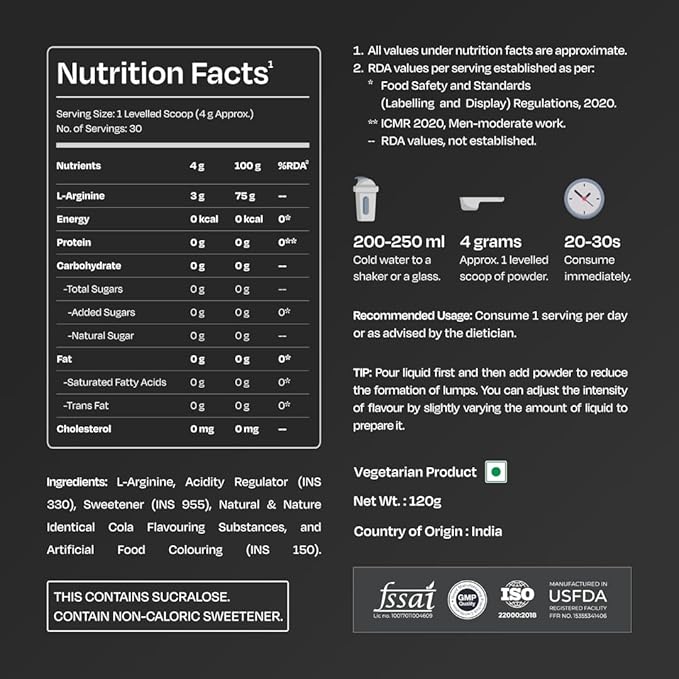L-Arginine Supplement Cola Flavor Pre Workout Amino Acid for Endurance Muscle Building Healthy Immune System Powder - 120g