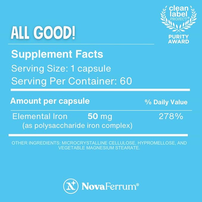 NovaFerrum All Good | Iron Capsule Supplements for Adults | Anemia | 50mg of Iron | 60 Servings | Sugar Free | Vegan | Gluten Free (Pack of 2)