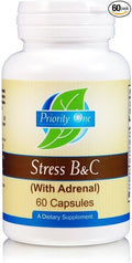 Priority One Vitamins Stress B &amp C 60 Capsules - B Complex with Whole Gland Adrenal to Support Healthy Nerves Skin Eyes gastrointestinal and Brain Functions.*