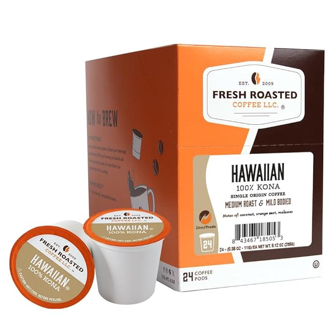 Fresh Roasted Coffee 100% Hawaiian Kona Medium Roast Kosher K-Cup Compatible 24 Pods