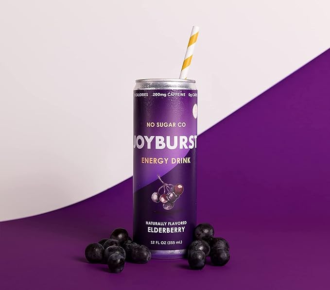 No Sugar Joyburst Energy Drink Elderberry 0 Calorie 0 Sugar Sugar Free Energy Drink with Natural Caffeine Hint of Sweetness and Refreshing Sparkling Water - 12 Packs