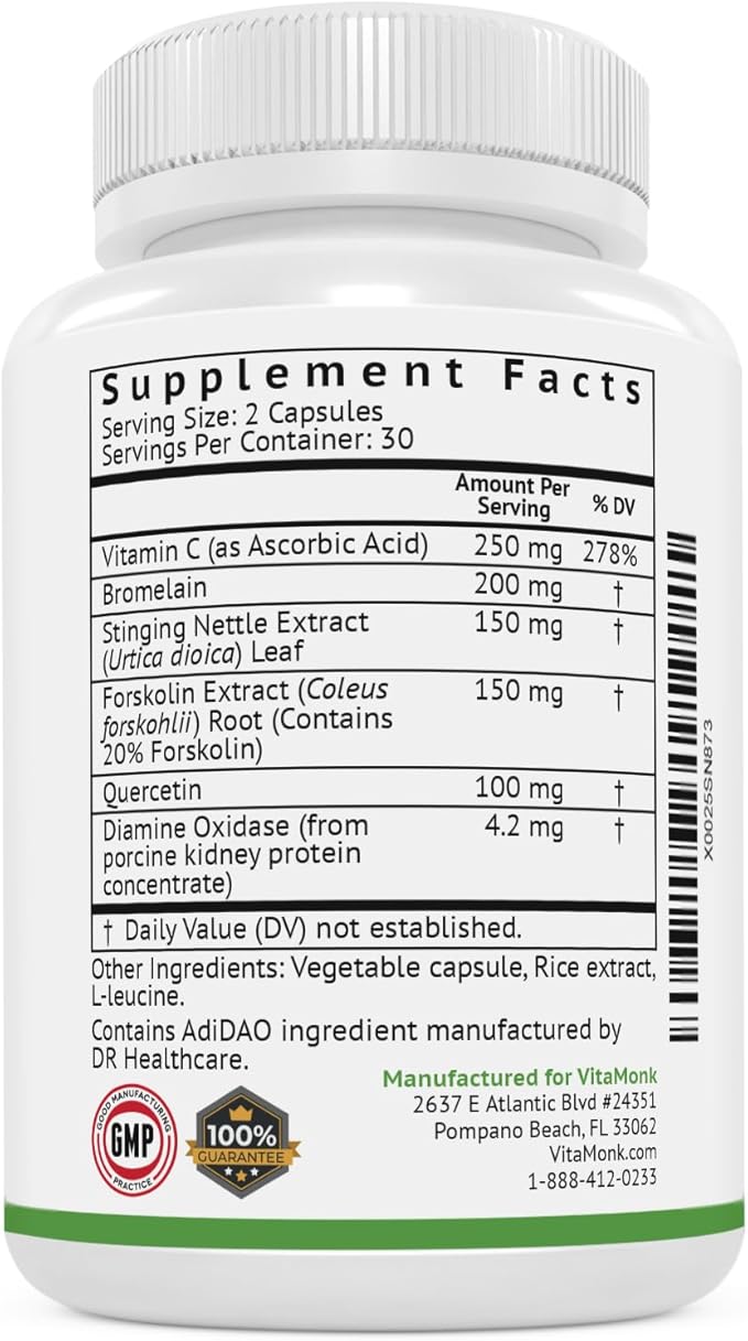 VitaMonk Histamine Blocker for Histamine Intolerance - HistaResist - DAO Enzyme Supplement Optimal Dose of Diamine Oxidase to Help Shield Histamine for Smooth Digestion - 60 Capsules