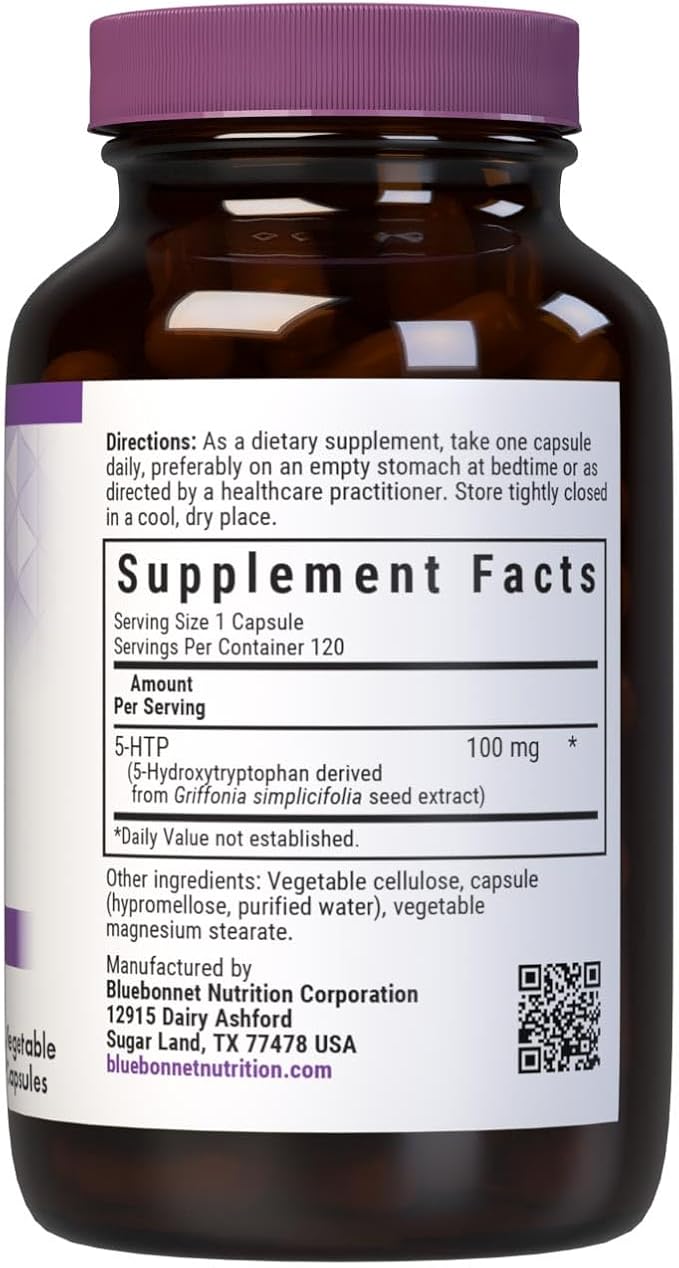 Bluebonnet Nutrition 5-HTP(Hydroxytrypophan) 100mg for Neurotransmitter Support* Supports Positive Mood* Soy-Free Gluten-Free Non-GMO Kosher Certified Vegan White120 Vegetable Capsule