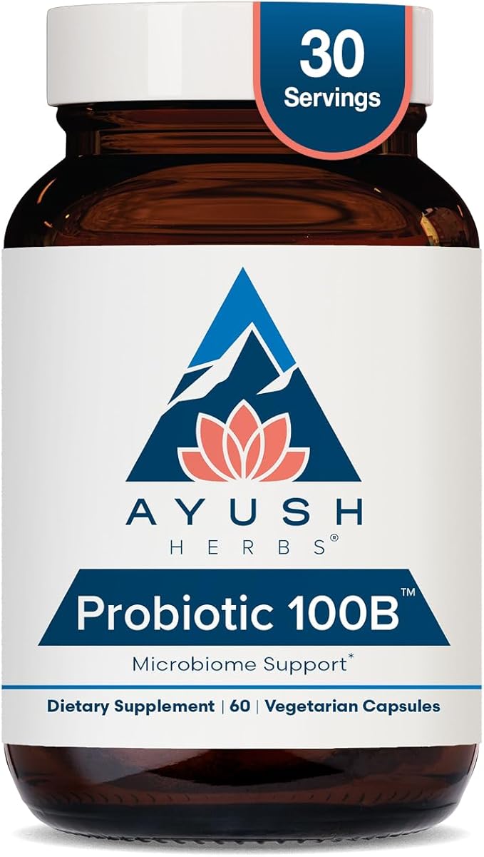 Ayush Herbs Probiotic 100B - Probiotics for Women Probiotics for Men Prebiotics and Probiotics for Digestive Health Gas Relief Gut Microbiome Balance - 60 Vegetarian Capsules (1 Count)