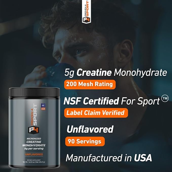 Proven4 Creatine Monohydrate – NSF Certified for Sport® – 5g Micronized Powder for Muscle Strength &amp Brain Energy Performance &amp Recovery from Exercise – Unflavored 16 Oz– 90 Servings