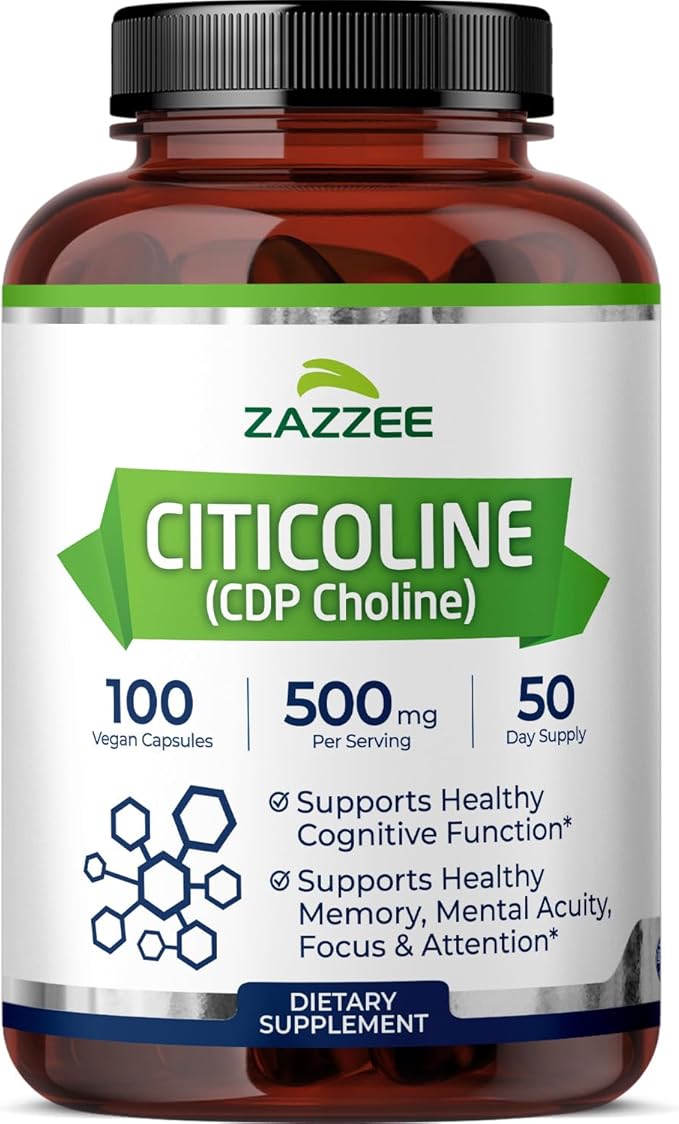 Zazzee Extra Strength Citicoline 500 mg per Serving 100 Vegan Capsules Superior CDP Choline Form 100% Vegetarian and Pharmaceutical Grade 50-Day Supply All-Natural and Non-GMO