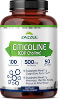 Zazzee Extra Strength Citicoline 500 mg per Serving 100 Vegan Capsules Superior CDP Choline Form 100% Vegetarian and Pharmaceutical Grade 50-Day Supply All-Natural and Non-GMO