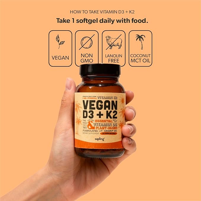 sapling Vegan Vitamin D3 + K2 Supplement with MCT Oil from Coconut - 4000 IU Vitamin D and 100mcg Vitamin K2 as Mk7 - Calcium Absorption Bone Strength and Immune Health Support* - 60 Softgels