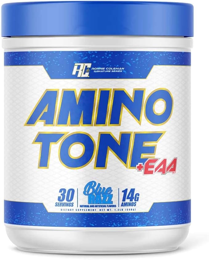 Ronnie Coleman Signature Series Amino-Tone EAAs Amino Acids Powder with BCAAs Hydration Essential Amino Acids Post Workout Muscle Recovery Blue Razz 30 Servings
