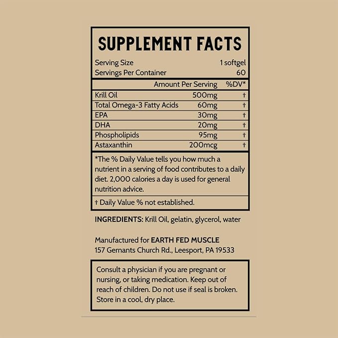 Earth Fed Muscle Arctic Advantage Krill Oil 500mg softgels Omega-3 DHA &amp EPA for Heart Brain Eye &amp Joint Health Support No Fishy Aftertaste Non-GMO Gluten-Free Antartic Krill Oil - 60 Ca