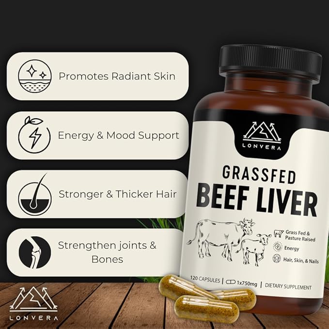 Grass Fed Beef Liver Capsules for Women and Men – 3000mg Freeze Dried Desiccated Organs – Nutrient Source for Joints Bones Hair Skin Nails &amp Daily Energy – 120 Pasture-Raised Capsules