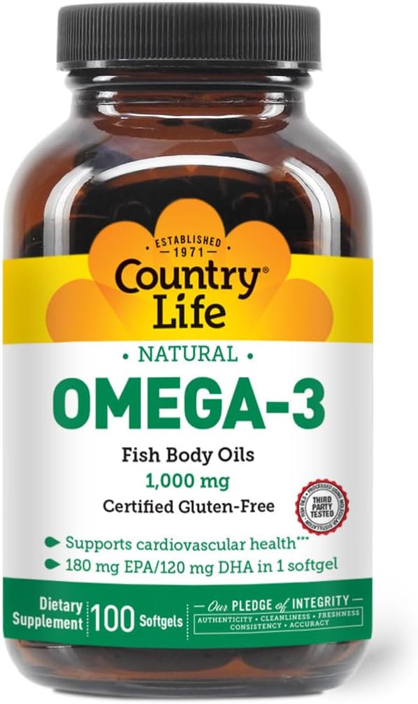 Country Life Omega-3 Fish Oil Supplement 1000mg 180mg EPA &amp 120mg DHA Fish Oil Concentrate Burpless 100 Softgels Certified Gluten Free