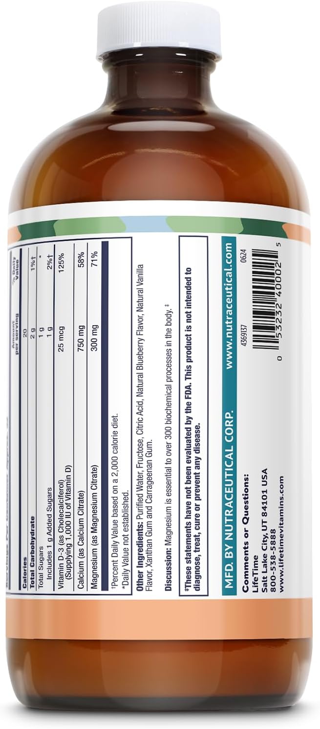 LIFETIME Bone Support Calcium Citrate Magnesium Citrate and Vitamin D-3 Relaxation Bone and Muscle Support Formula Easy Absorption Blueberry Flavor Approximately 32 Servings 16 FL OZ