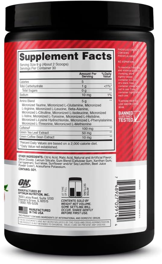 Optimum Nutrition Amino Energy-Pre Workout with Green TeaBCAAAmino AcidsKeto FriendlyGreen Coffee ExtractEnergy Powder-Juicy Strawberry Burst9.5Ounce30 Servings(Pack of 6)(Packaging May Vary)