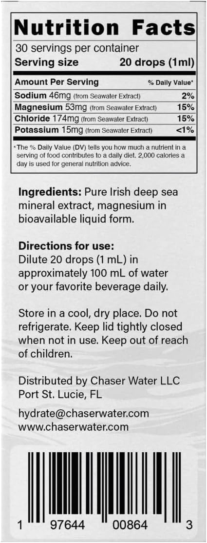 Chaser Water Hydration Drops with Deep Sea Minerals Sugar-Free Electrolyte Concentrate Liquid Mineral Drops for Daily Hydration 30 Day Supply (1 oz)