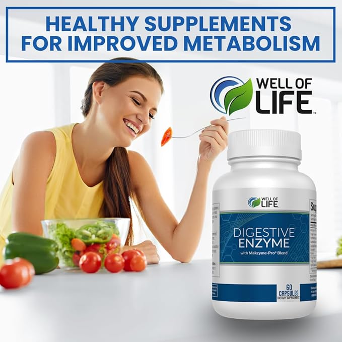 Well of Life Digestive Enzyme: 700mg 60 Vegetarian Capsules Enhance Digestive Health Nutrient Absorption &amp Gut Health Lactobacillus Bromelain Papain &amp More All-Natural Vegan Made in U