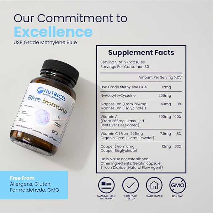 Nutricel Supplements Blue Immune 60 Capsules - Optimum Nootropic with USP Grade Methylene Blue Grass Fed Beef Liver Copper Magnesium Vitamin A E and C