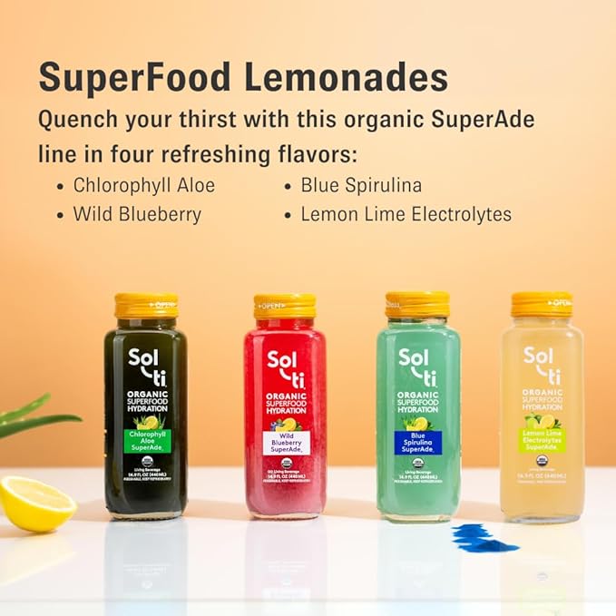 Organic SuperAde Hydration Drink Digestive and Skin Health SuperFood Lemonade by Sol-ti Cold-Pressed Chlorophyll Aloe and Lemon Juice Blend 16 Pack (14.9 Fl oz)