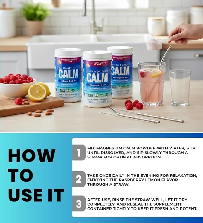 Natural Vitality Calm Magnesium Powder — Vitamin Calm Raspberry Lemon (16oz) Bundle with Straw for Relaxing Magnesium Drink and Daily Hydration Support — Gift Set (2 Items)