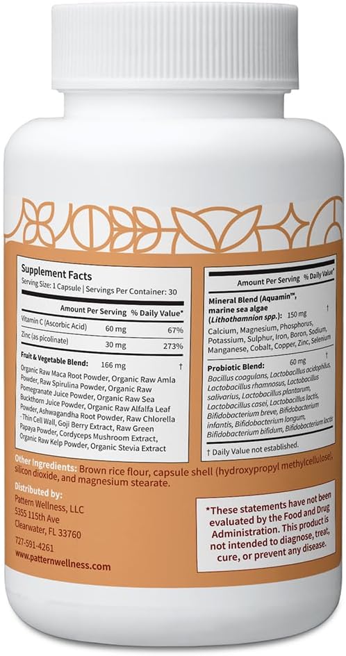Pattern Wellness Zinc Complex – Supports Immune Skin &amp Digestive Health – High Absorption Zinc with Vitamin C Probiotics &amp Natural Blends – 30 Vegan Capsules