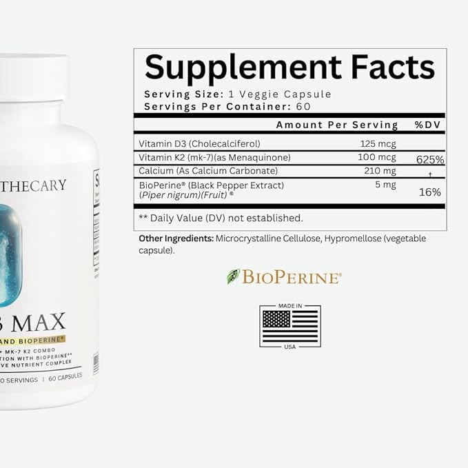 Vitamin D3 K2 Supplement 5000 IU - D3 5000 with K2 MK7 100mcg Calcium BioPerine - Bone Health Immune Support Cardiovascular Wellness - High Absorption Vegan Non-GMO Gluten Free - 60 Capsules