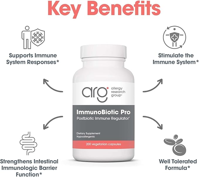 Allergy Research Group ImmunoBiotic Pro - Supports Immune System &amp Gut Barrier Function - Postbiotic Immune Regulator with Lactobacillus Rhamnosus Lysate - 66 Servings - 200 Capsules