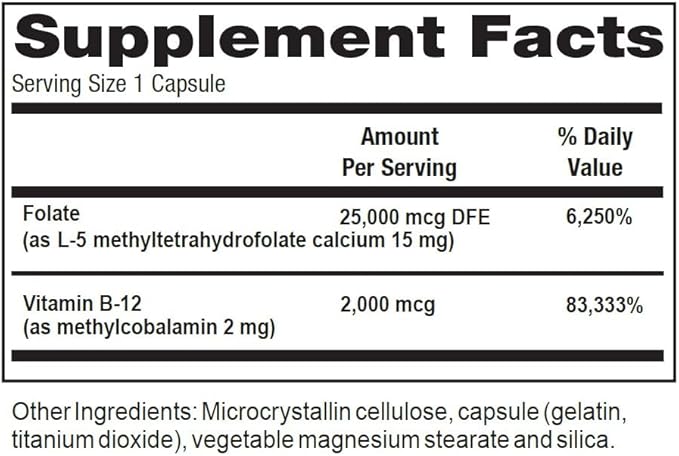 Supplement 30 Capsules methylcobalamin L-methylfolate GMP vegan nerve brain cognitive memory mood cardio &amp blood support