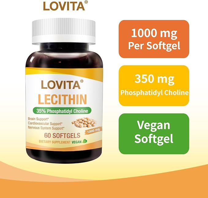 Lovita Lecithin 1000mg per Softgel 35% Phosphatidyl Choline | Lactation Brain &amp Nerve Support | Vegan Non-GMO 60 Softgels