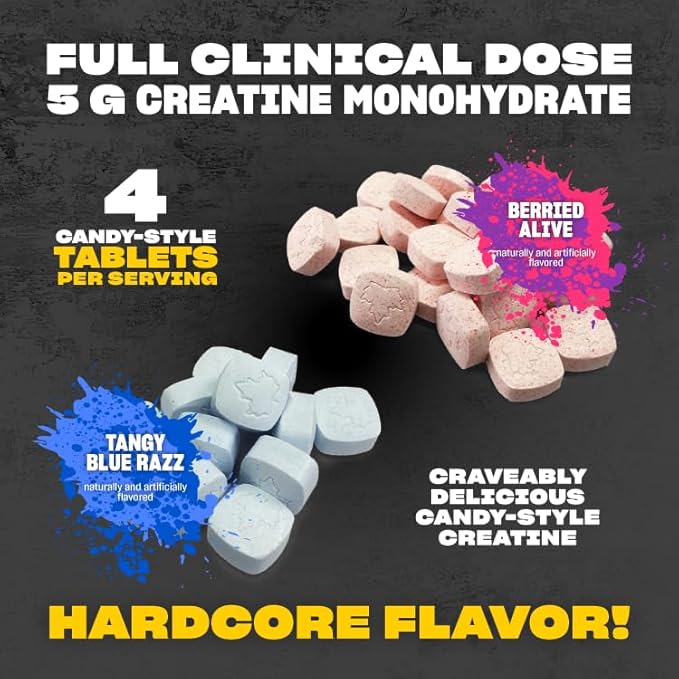 Mutant Creatine Bytz – Sugar-Free Chewable Creatine Tablets for On-The-Go Use – 5g Creatine Monohydrate Per Day – Pre Workout &amp Post Workout Protein Support – 80 Tablets – Berried Alive