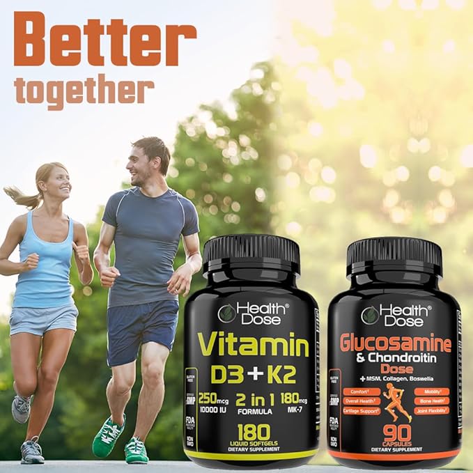 Health Dose Vitamin D3 10000 IU + K2 (MK7) Supplement 2-in-1 Formula Immune Support a Healthy Mood Heart Joint Teeth Bone Health Calcium Absorption 180 softgels. (5)