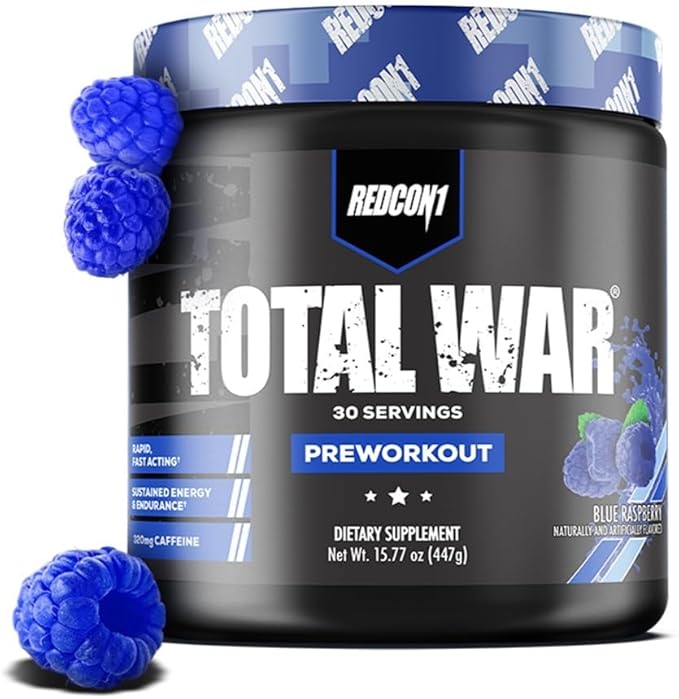 REDCON1 Total War Pre Workout Blue Raspberry - Beta Alanine + Citrulline Malate Keto Friendly Preworkout for Men &amp Women with 320mg of Caffeine - Fast Acting (30 Servings)