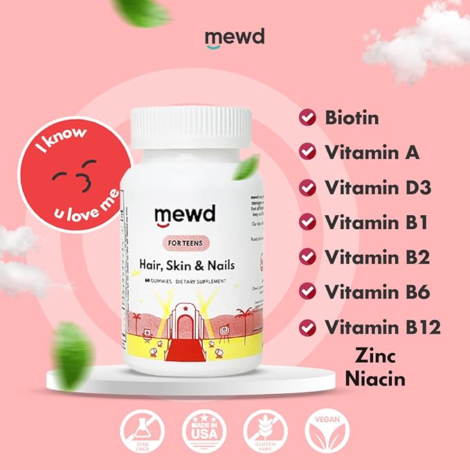 MEWD Teen and Kids Hair Skin &amp Nails Support Multivitamin Gummies - Biotin Strength &amp Growth with Zinc Vitamins A D3 B1 B2 B6 &amp B12 - Gluten-Free Non-GMO for Girls &amp Boys - 60 C