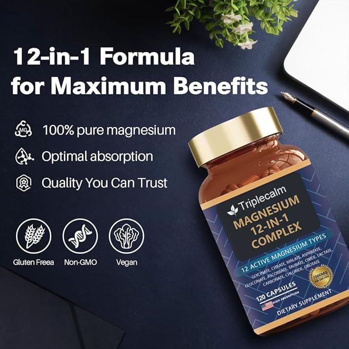 Magnesium Complex 12 in 1 for Women &amp Men 1000mg High Absorption Magnesium Supplement with Glycinate Citrate Malate &amp Taurate Supports Sleep Muscle Nerve &amp Relaxation Vegan 120 Cap