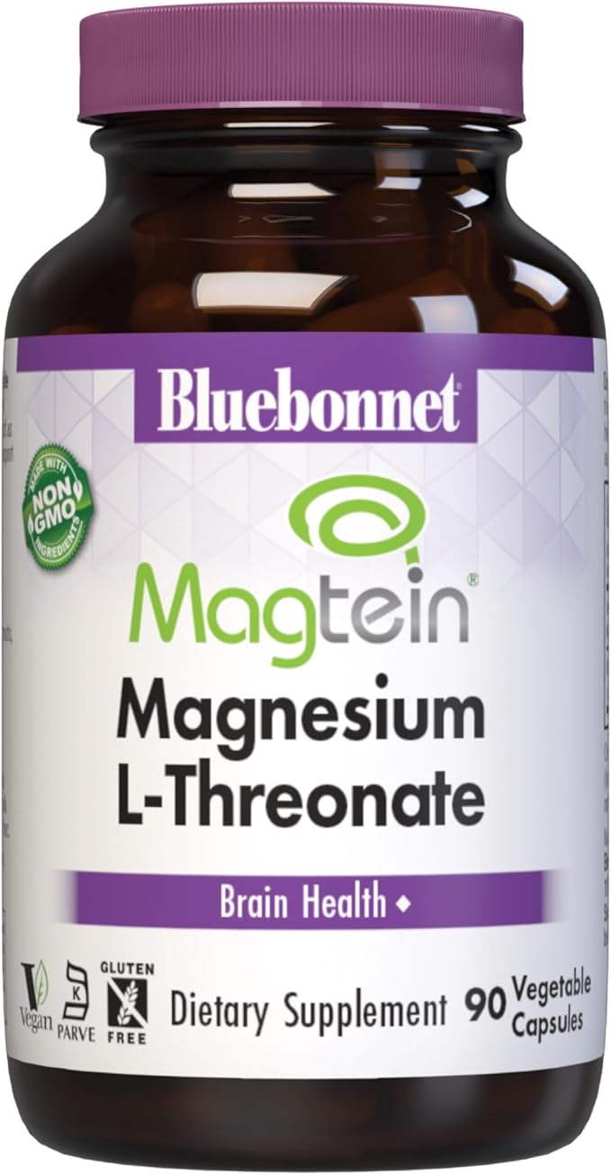 Bluebonnet Nutrition Magtein Magnesium L-Threonate Brain Health* Non-GMO Vegan Kosher Certified Gluten-Free Soy-Free 90 Vegetable Capsules 30 Servings