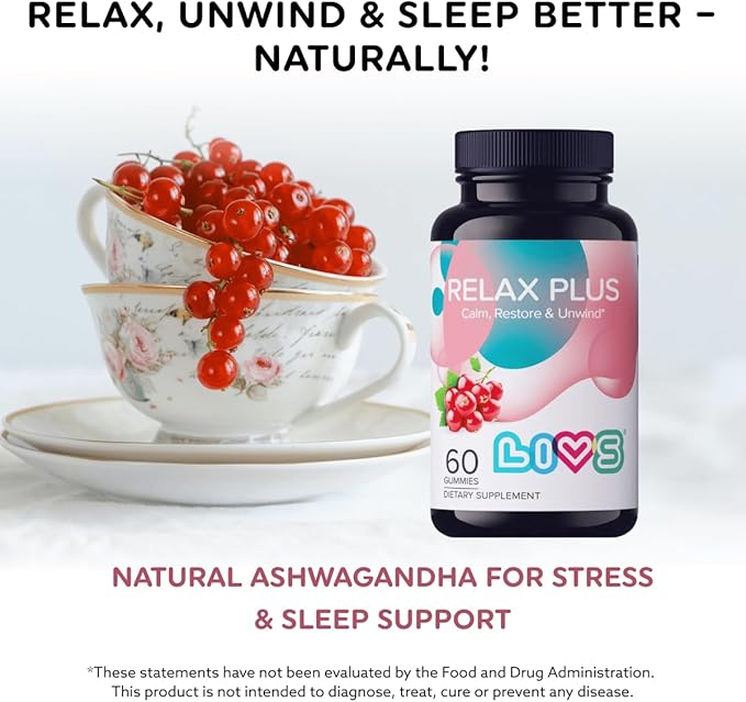 LIVS Relax Plus Gummies – Stress Relief &amp Calm Support | Ashwagandha GABA Lemon Balm &amp Vitamin B6 for Relaxation &amp Mood | Natural Red Berry Flavor | Vegan Supplement for Adults &amp Kid