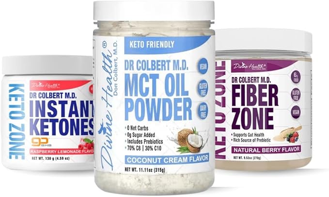 Keto Zone Maintenance Pack | by Divine Health &amp Dr. Colbert | MCT Oil Powder (Coconut cream) | Fiber Zone (Berry) | Instant Ketones (Raspberry) | Supports Energy &amp Gut Health