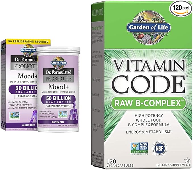 Garden of Life Dr. Formulated Probiotics Mood+ Acidophilus Probiotic Supplement &amp Vitamin B Complex - Vitamin Code Raw B Complex - 120 Vegan Capsules