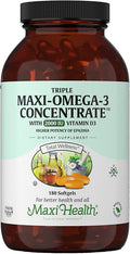 Maxi Health Triple Omega 3 Fish Oil Concentrate with 2000 IU Vitamin D3 – Enteric Coated Fish Oil Omega 3 Supplements with High EPA DHA for Heart Brain Joint and Eye Support Kosher 180 Softgels