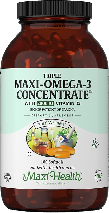 Maxi Health Triple Omega 3 Fish Oil Concentrate with 2000 IU Vitamin D3 – Enteric Coated Fish Oil Omega 3 Supplements with High EPA DHA for Heart Brain Joint and Eye Support Kosher 180 Softgels