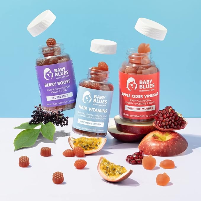 Baby Blues Postpartum Pack (Pack of 3) - Vitamin Kit for New Moms: Hair Energy and Immunity Support - Assorted Flavors - Non GMO Gluten-Free Supplements