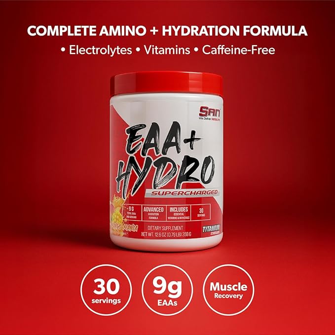 SAN EAA Hydration | EAAs + BCAA| Muscle Recovery &amp Intra | 9G Essential Amino Acids + Electrolytes | Mango Mania 30 Serving